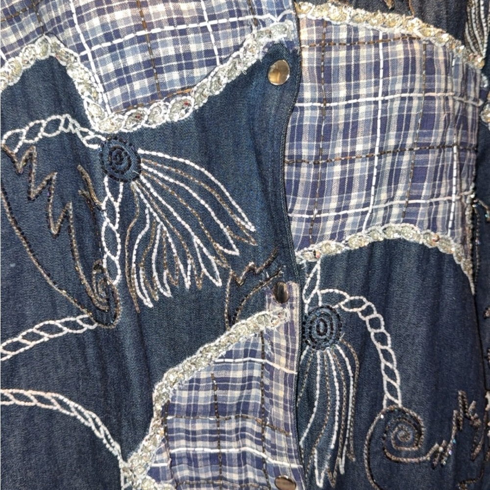 Blue And White Patchwork Jean Jacket With Chain P… - image 2